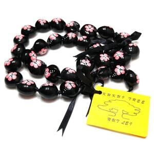 Kukui Nut Necklace Pink Hibiscus on Black Hand Painted Hawaiian Lei 34”
